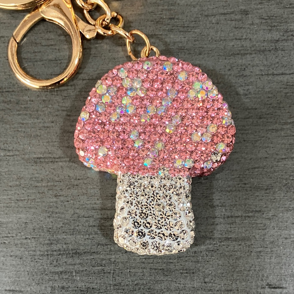 Pink and Silver Shiny Mushroom Keychain - Picture 2 of 3